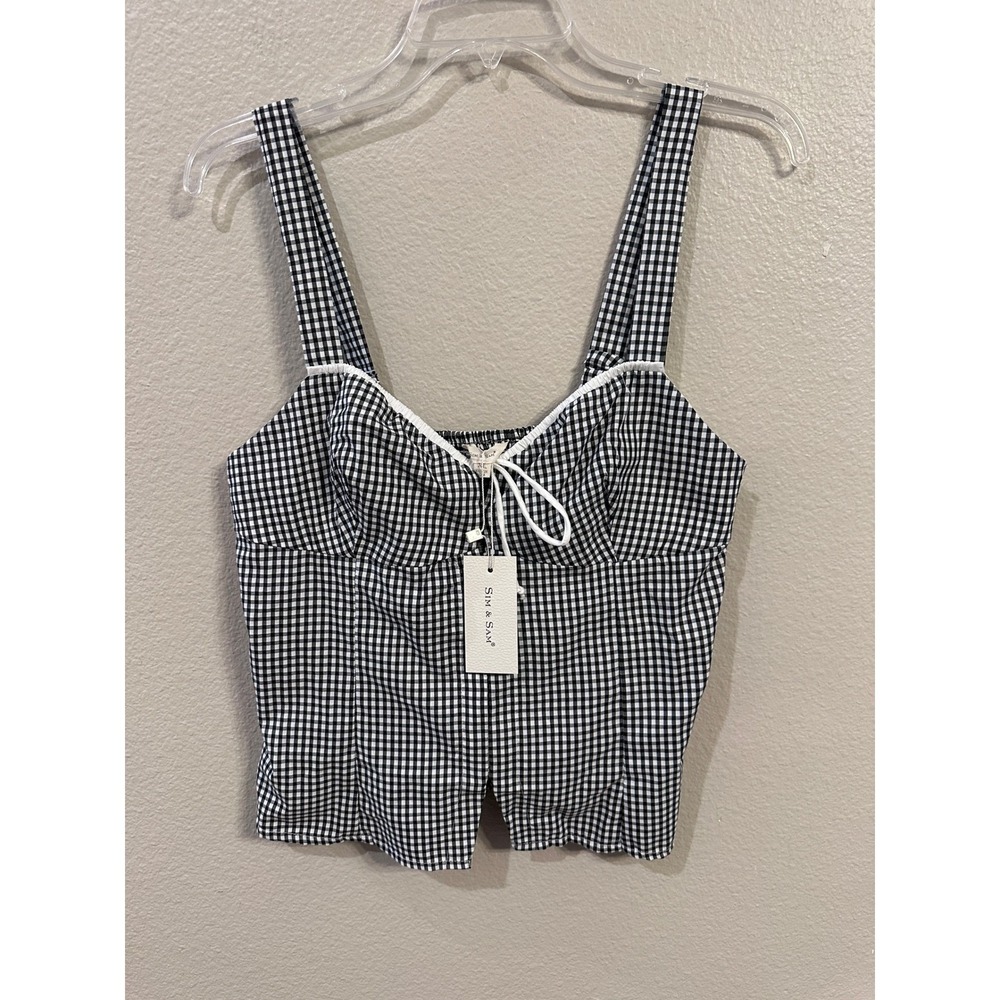 Sim & Sam Black White Gingham Cropped Tie Front Tank Top XL Sleeveless Blouse